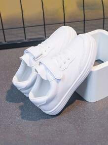 1 Pair Of Versatile Hook And Loop White Sneakers For Both Boys And Girls, Flat, Comfortable And Breathable Student Shoes, Campus-Style Sneakers, Solid-Colored Flat Shoes - White - View 2