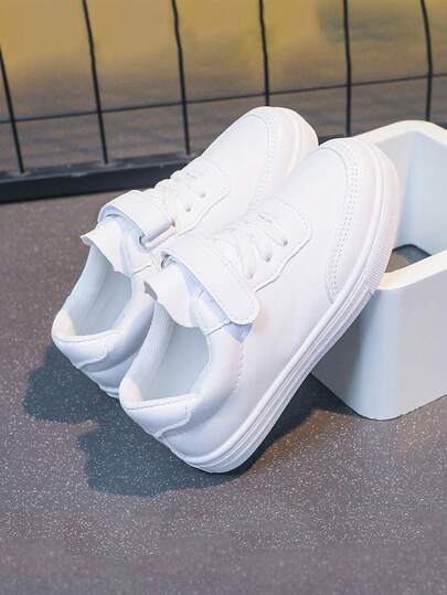 1 Pair Unisex Versatile White Casual Sneakers, Flat, Hook And Loop Comfortable & Breathable, Ideal For Students, Campus Style Sports Shoes, Solid Color Flat Shoes