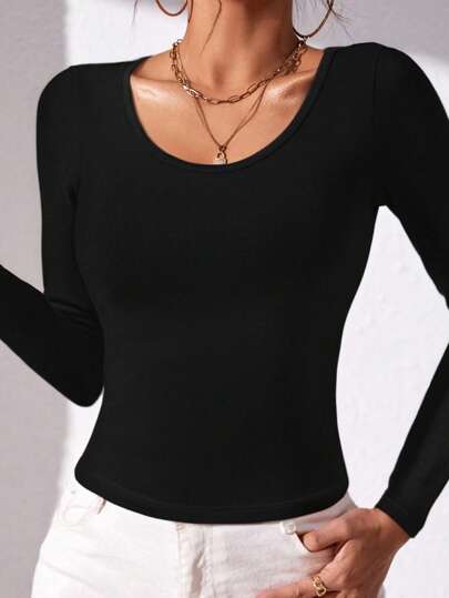 Camiseta feminina simples de gola redonda e manga comprida, blusa preta básica e justa, adequada para primavera, outono e inverno