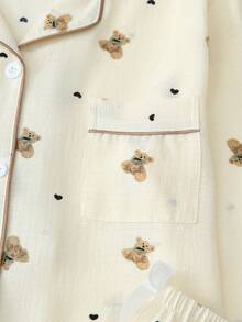 Conjunto de pijama de manga larga con estampado de corazón y oso, ropa de otoño e invierno para mujer