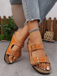 Damen Slip-On Plateau Sandalen, modisch vielseitig bequeme Nieten Strandurlaubs Schuhe