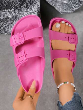 女士时尚玫红色轻便平底凉鞋，可调节双扣EVA拖鞋带绑带，防滑耐磨柔软舒适减震户外沙滩拖鞋