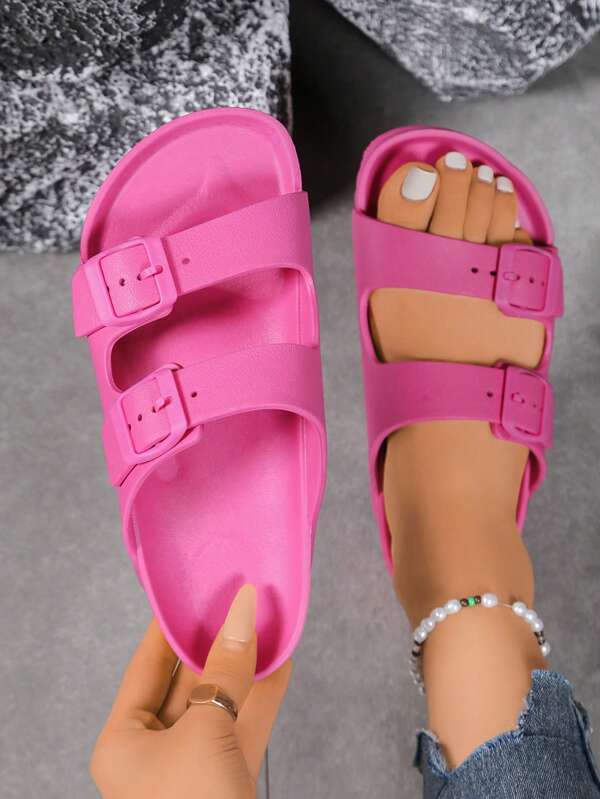 Women's Fashion Rose Red Lightweight Flat Sandals, Adjustable Double Buckle EVA Slippers With Strap, Non-Slip Wear-Resistant Soft Comfortable Shock-Absorbing Outdoor Beach Slippers