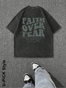 "FAITH OVER FEAR" Creative Pattern Printing Heavy 230g Pure Cotton T Shirt, Washed T-Shirt Men's Vintage T Shirts Basic T-Shirt Loose Hip-Hop Unisex Top Acid Wash T-Shirt - 黑色 - 查看 2