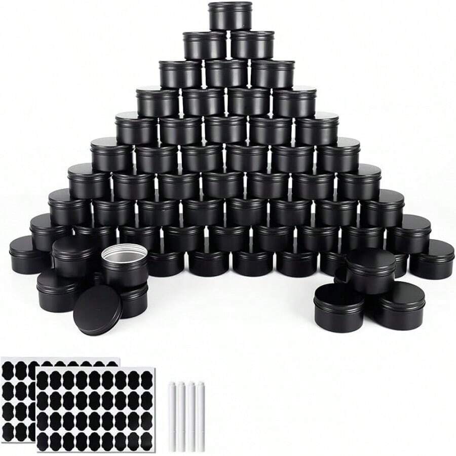 64 Pack Round Cans With Screw Lid 4 Oz Aluminum Metal Tins DIY Food Candle Containers For Lotion Bars, Balms, Salve, Spices, Beard Balm, Crafts With 4 Markers 2 Sheets Label Stickers (Silver) - 黑色 - 查看 1