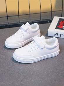 1 Pair Of Versatile Hook And Loop White Sneakers For Both Boys And Girls, Flat, Comfortable And Breathable Student Shoes, Campus-Style Sneakers, Solid-Colored Flat Shoes - White - View 3