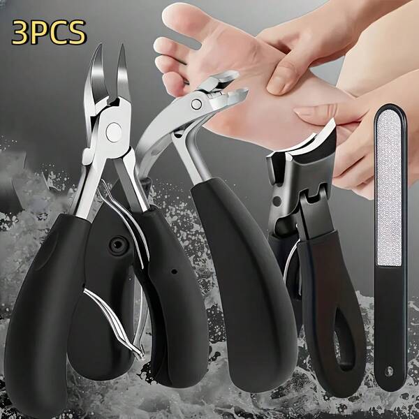 3 Stücke professionelle Nagelpflege-Tools - ergonomische Edelstahl Nagelknipser + Nagelfeile, geeignet für dicke Nägel, modernes schwarzes Design, Maniküre-Tools