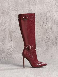 Fall/Winter 2025 12cm Sexy Fashion Leather Strap Metal Buckle Studded Pointed Toe Casual Versatile Side Zipper Burgundy Women Tall Boots,High Heels - Burgundy - View 6
