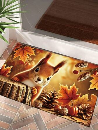 1pc Comfortable Autumn Maple Leaf & Squirrel Bathroom Mat, Modern Farmhouse Absorbent Non-Slip Entryway Doormat, Dirt Trapper Outdoor Rug, Decorative Carpet For Living Room Bedroom Kitchen Bathroom, Suitable For Entryway, Party, Holiday, Gift