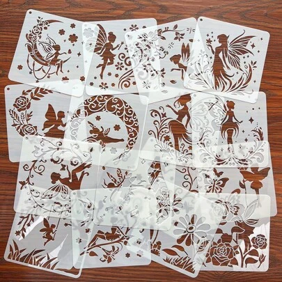 16pcs Hollow Angel Fairy Stencils, Decorative Painting Template For Scrapbooking, Wall Art, Spray Painting, DIY Craft, Reusable & Washable PET Plastic Material