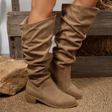 1 Paar schwarze Wildleder Plissee Stiefel bis zur Mitte des Wades, im Vintage Western Stil, weiches Wildledermaterial, geeignet für den täglichen Gebrauch, Musikfestivals, Jahreszeiten: Frühling, Herbst, Winter, einzigartiges Plissee-Design verleiht einen modischen Touch, kann mit Cowboyhut für einen stilvollen Look kombiniert werden.