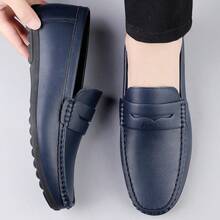 男士奢华真皮便士乐福鞋，休闲编织款一脚蹬平底鞋，配有松紧带，适合春秋季日常穿着、婚礼、派对、办公室、商务场合。 - 藍色 - 查看 5