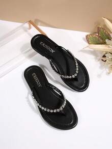 Women's Summer/Autumn Beach Sandals, Flip Flops, Flat Rhinestone Decorated Ladies Slippers - Black - View 4