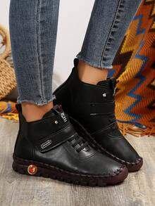 Bottines à bout rond pour femmes, confortables avec semelle souple faites à la main, bottes de plein air casual et de sport - Noir - Voir 2