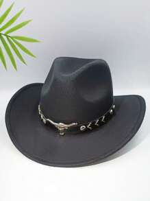 1 Men's Polyester Western Cowboy Hat, Unisex Vintage Style Hat, Bull Shape Decoration, Suitable For Daily Casual Wear, Western Cowboy Party, Bar Cowboy (One Size Fits All)