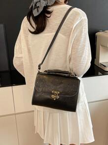 1pc Fashionable Hardware Lock Design Embossed PU Leather Handbag With High-End Style, Can Be Worn Across Body - Black - View 5