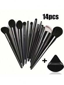 14件套化妆刷套装，刷毛柔软速干——包含粉底刷、腮红刷、眼影刷等13支化妆刷，以及一个收纳袋和一个三角粉扑——适合所有肤质。完美的情人节礼物，化妆刷套装，化妆刷套装，全套化妆刷，化妆套装，化妆刷套装，化妆礼盒套装 - 黑色 - 查看 2