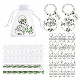 90 件/套生命树钥匙扣礼品套装，包括 30 张绿叶感谢卡、30 个白色欧根纱袋和 30 个空心金属钥匙扣，毕业典礼、感恩节、教师节、派对、团队奖励、周年纪念赠品汽车配件可爱哥特 Y2k 万圣节配件教师节包挂绳带身份证夹汽车配件包饰圣诞节