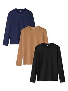 3 件套男士基本款纯色圆领修身长袖 T 恤，休闲日常穿着，春秋季 - 彩色 - 查看 2