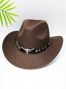 1 Men's Polyester Western Cowboy Hat, Unisex Vintage Style Hat, Bull Shape Decoration, Suitable For Daily Casual Wear, Western Cowboy Party, Bar Cowboy (One Size Fits All)
