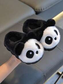 1双儿童毛绒拖鞋，男童冬季居家厚底保暖卡通可爱熊猫拖鞋 - 黑色 - 查看 4
