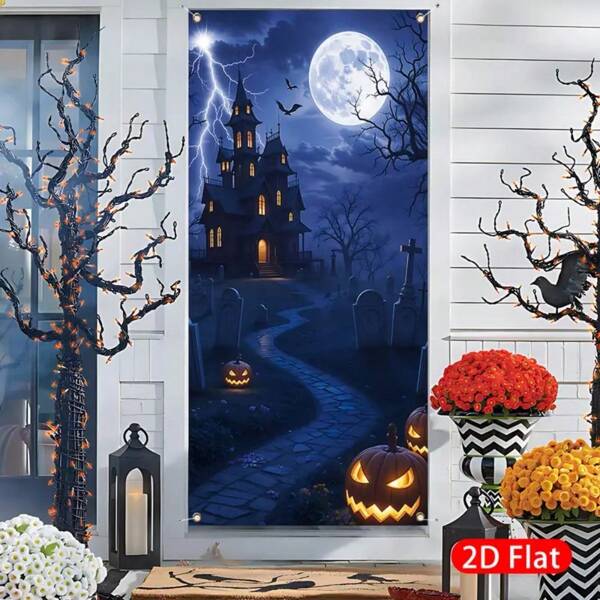 1 Stück Halloween Horror Themen Türvorhang, hergestellt aus Polyestermaterial mit langem Haar, das das Gesicht eines schrecklichen Geistes in einem zerfetzten Gewand bedeckt, was eine düstere und geheimnisvolle Atmosphäre schafft. Geeignet für Halloween Party Dekoration, kann auch für die Dekoration von Escape Rooms, Spukhäusern und anderen Orten verwendet werden, um einen aufregenden Effekt hinzuzufügen und eine immersive Horror-Umgebung für Aktivitäten zu schaffen, die aufregende Erlebnisse suchen.