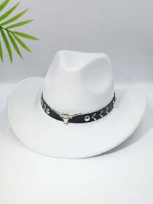 1 Men's Polyester Western Cowboy Hat, Unisex Vintage Style Hat, Bull Shape Decoration, Suitable For Daily Casual Wear, Western Cowboy Party, Bar Cowboy (One Size Fits All)