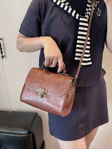 1pc High-End Pu Leather Floral Pattern Fashionable Handheld Shoulder Bag With Metal Lock Design - Brown - View 2