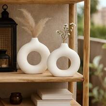 Modern Minimalist Round Vase Kit Donut Decorative Abstract Organic Bedroom 2Pcs - White - View 2