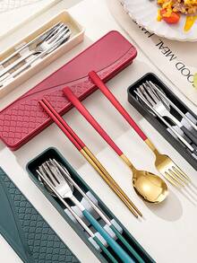3pcs/4pcs Stainless Steel Cutlery Set, Spoon Fork Chopsticks, Student Outdoor Travel Portable Tableware With Storage Box - Multicolor - View 11