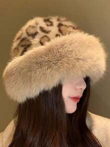 2025 Neue Leoparden-Plüsch Mongolenmütze, Vintage Damen Winddichte Ohrenschutz Fischerhut mit Verdickung, Lässiger Polyester Herbst/Winter Hut für kleine Gesichter