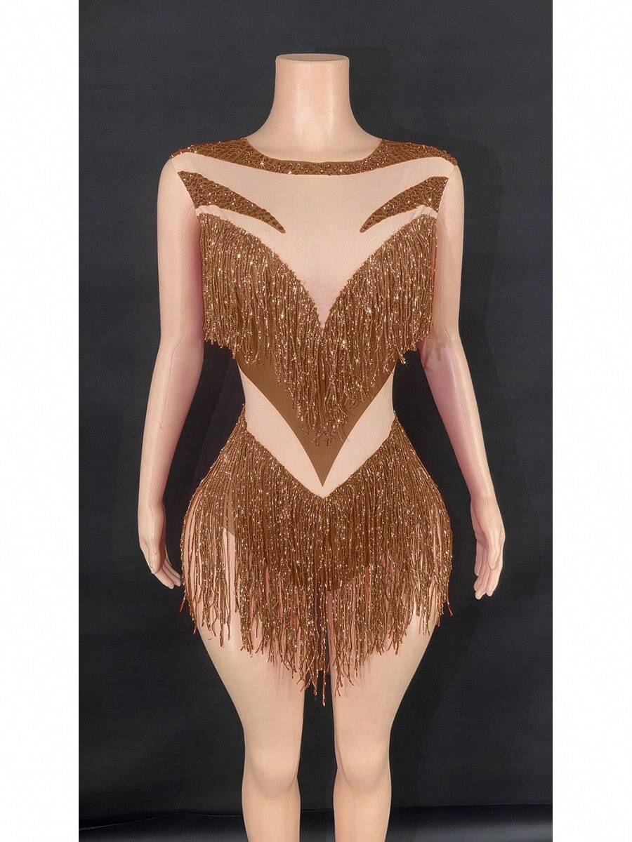 Latin Dance Cha Cha Ballroom Dance Costume Talent Show Live Broadcast Vacation Company Annual Meeting Bar Nightclub Band Dance Costume - 深棕色 - 查看 1