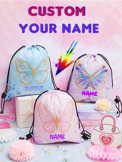1 Bolsa de cuerdas ligera y personalizable con un lindo diseño de mariposa que se puede imprimir con su nombre o saludos festivos. Personaliza tu propia bolsa. Esta mochila es perfecta para niñas, niños y adolescentes para uso diario, incluyendo salidas, viajes, deportes, natación, senderismo y otras actividades al aire libre. (Tenga en cuenta que esta bolsa es muy delgada.) Regalo de cumpleaños