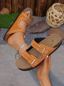 Damen Slip-On Plateau Sandalen, modisch vielseitig bequeme Nieten Strandurlaubs Schuhe