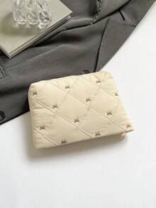 蝴蝶图案时尚多用途绗缝格子加厚化妆包、休闲手拿包、保暖羽绒小包、内衬包、洗漱包、铅笔盒旅行必备包，适合学校度假、假期返校用品、化妆包、女士旅行包 - 米色 - 查看 11