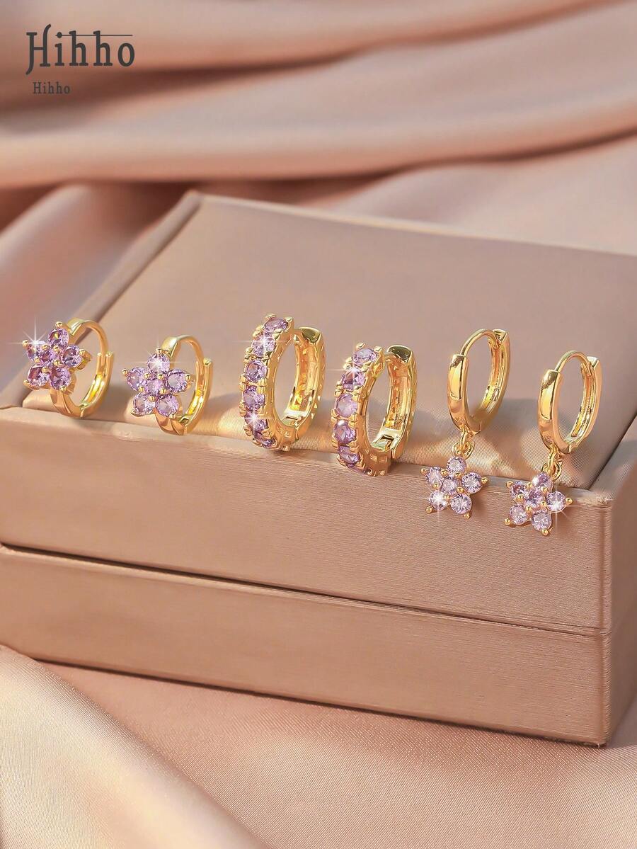 Hihho 6pcs/Set Luxury Sparkling Purple Zirconia Inlaid Floral Pendant Earrings, Matching Everyday Outfits, Elegant Jewelry Purple Earrings - Purple - View 1