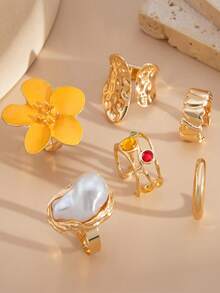 6 件套优雅奢华、多功能、精致、个性化、耀眼、独特的高端珍珠合金戒指套装，适合女性，适合海滩、通勤、度假、派对珠宝