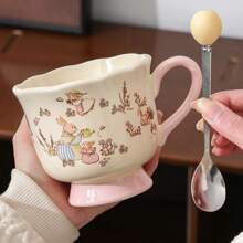 1 pieza Taza de cerámica de 400ml con cuchara, taza con diseño de conejo rosa lindo, taza de café de oficina, taza de desayuno de leche para estudiantes, taza de pareja, regalo de Navidad - Rosa - Ver 1