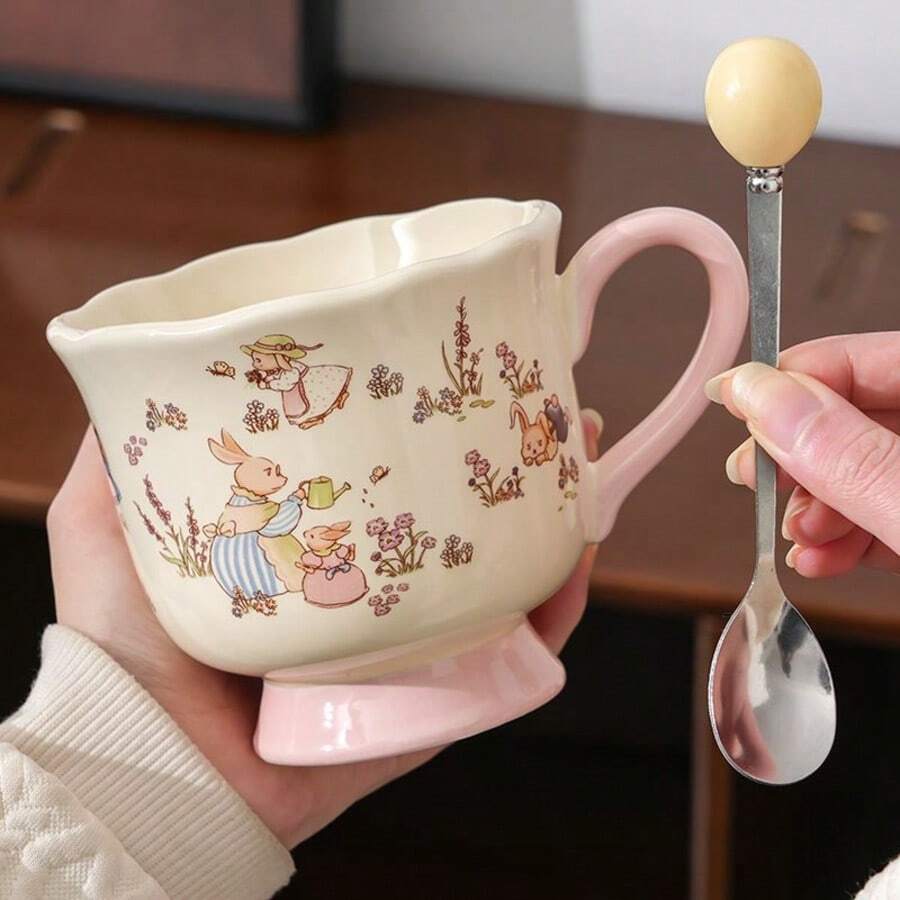 1 pieza Taza de cerámica de 400ml con cuchara, taza con diseño de conejo rosa lindo, taza de café de oficina, taza de desayuno de leche para estudiantes, taza de pareja, regalo de Navidad - Rosa - Ver 1