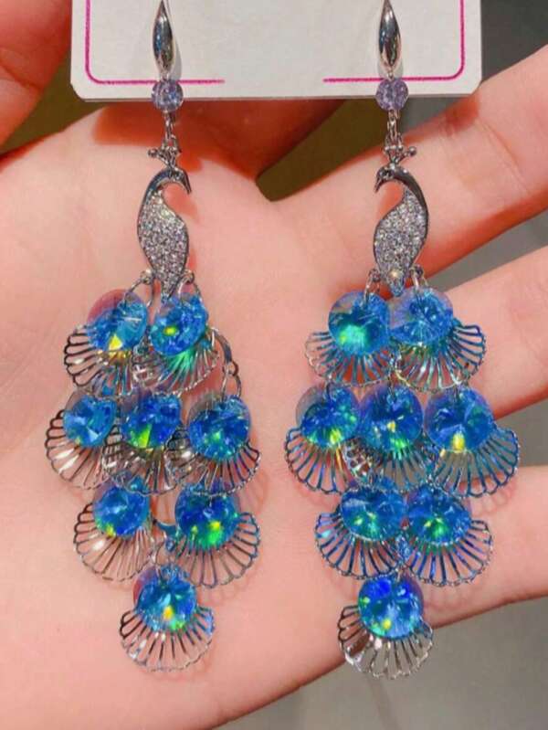 1 Pair Elegant Luxury High-End Faux Crystal Peacock Dangle Earrings, Suitable For Women's Party And Banquet Jewelry (Please Refer To The Actual Product Photos As There May Be Some Color Difference Due To Different Lighting Conditions)