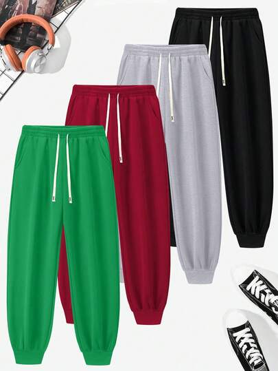 4 piezas Pantalones deportivos básicos de unicolor para hombres con bolsillos, cintura con cordón, adecuados para primavera, otoño, verano, ropa urbana, trotar, viajes, vacaciones, exteriores, ir al trabajo, campamento, regalo ideal para esposo o novio