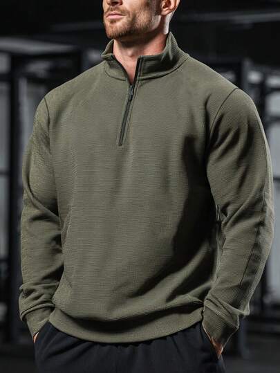 Sudadera deportiva de media cremallera de unicolor para hombres, uso casual y de moda simple, versátil, de tela gruesa y holgada, ideal para primavera y otoño, con forro térmico para mantener el calor, ropa de gimnasio