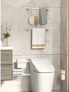 1pc Adjustable No-Drill Shower Curtain Rod Holder, Wall-Mounted Curtain Hook, Towel Bar Holder, Suitable For Bathroom, Kitchen, Bedroom, Living Room Bathroom Decor - Multicolor - View 3