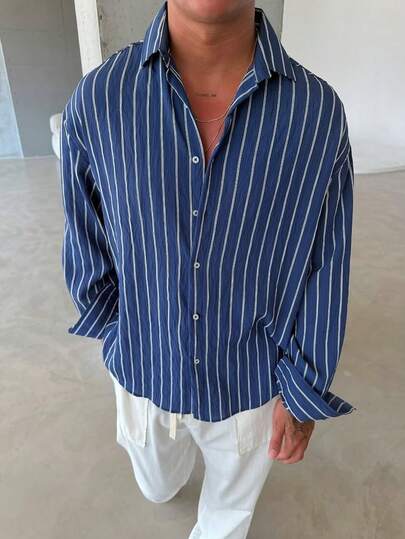 Men's Blue & White Striped Long Sleeve Casual Shirt, Relaxed Fit, Versatile & Minimalist Design, Suitable For Multi-Season Everyday Wear, Comfortable & Breathable, Linen-Like Texture, Fall