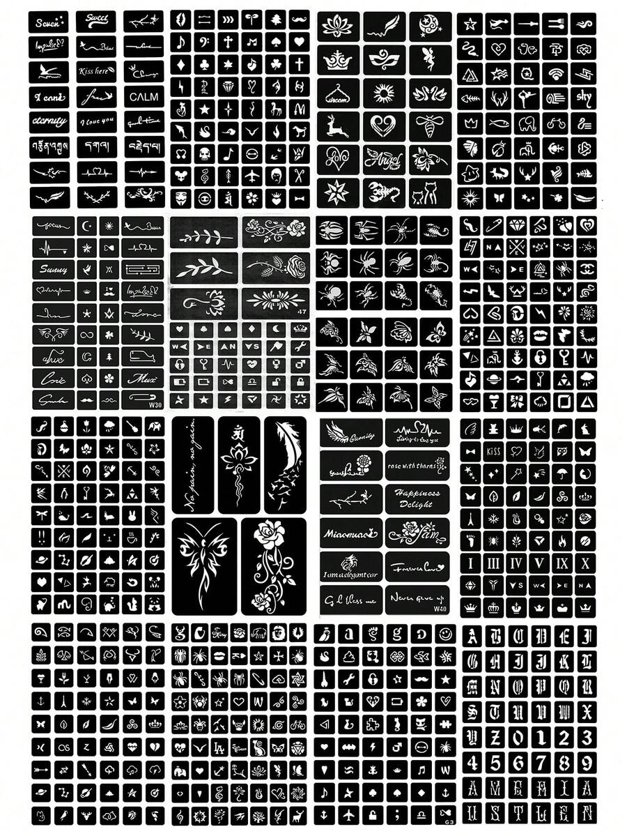 630 件 16 件临时纹身模板可重复使用贴纸闪光纹身模板半永久纹身脸部彩绘人体艺术模板成人音乐节 - 黑與白 - 查看 1
