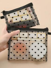1 pieza Mini bolsa de maquillaje con forma de corazón y malla, estuche portátil multiuso transparente con felpa para lápices labiales