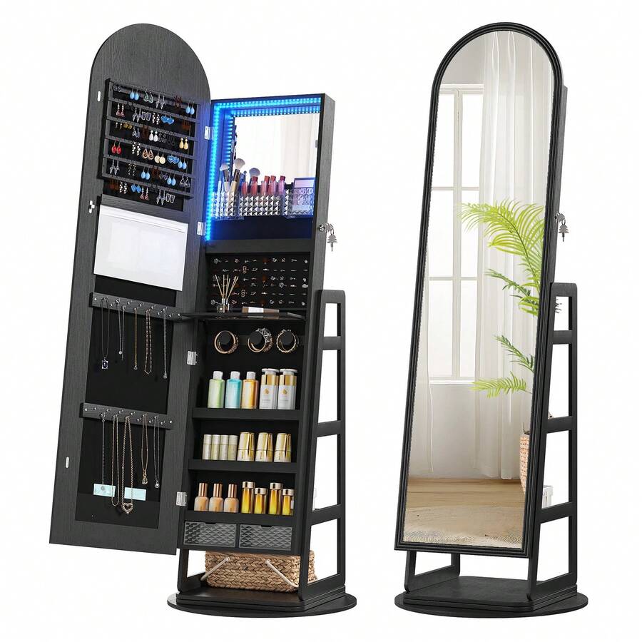 HWB Mirror Jewelry Cabinet With Storage, Arched Jewelry Armoire W/Full Length Mirror & 360° Swivel, Standing Jewelry Holder Organizer For Christmas Gift, Black