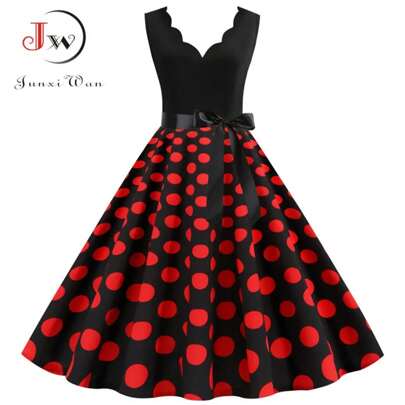 Abiti estivi retrò da donna stile anni '50 e '60, senza maniche, scollo a V, a pois, con fiocco, abito da sera a palloncino, abito estivo, robe, vestidos