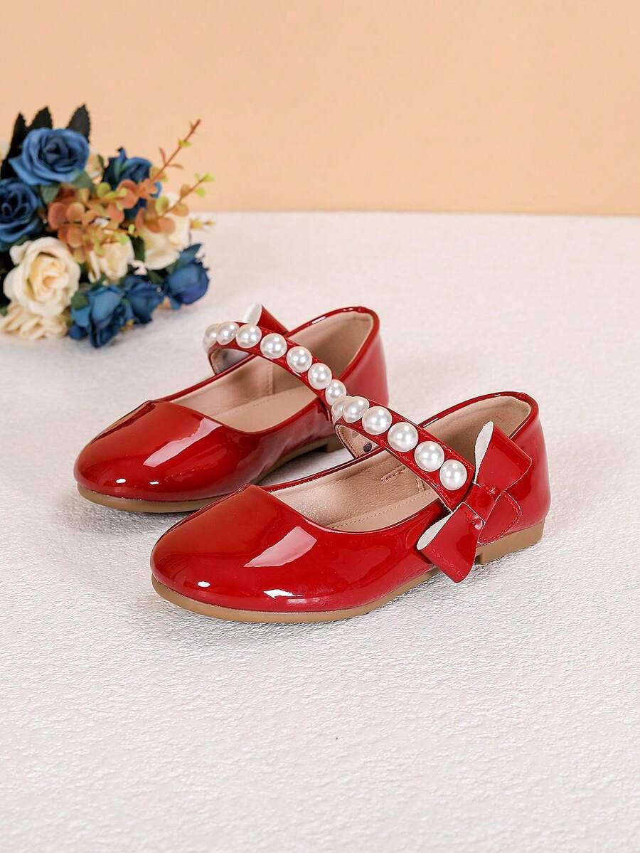 Girls' Patent Imitation Leather Mary Jane Flats With Faux Pearl ...