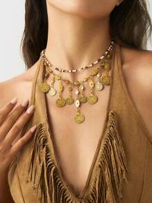 2 件复古硬币吊坠项链，异国风情串珠项链，西部牛仔风格颈链，适合女性日常、派对、节日穿着，是送给朋友和家人的绝佳礼物（附尺码表）